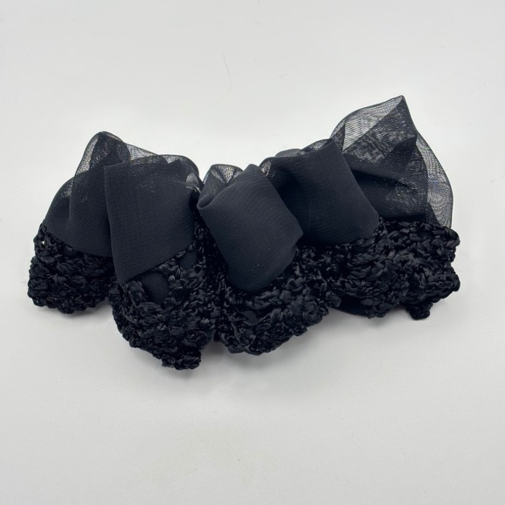 Vintage Black Chiffon Crochet Ruffle Hair Clip Barrette Accessory 80s 90s‎